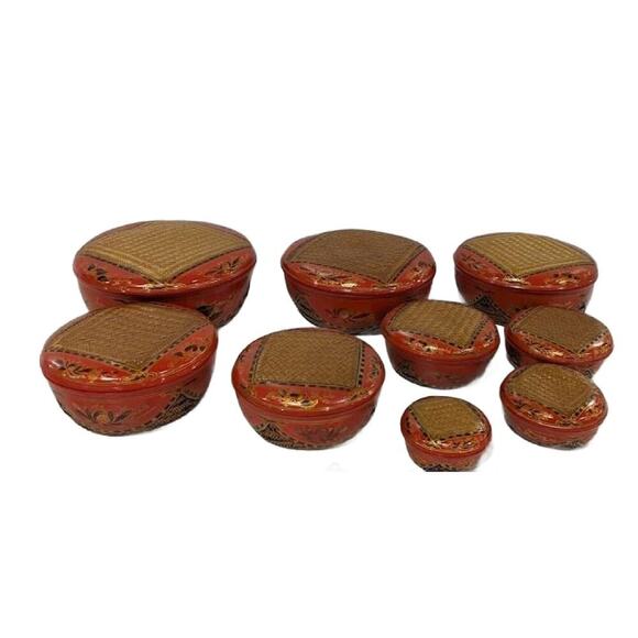 Vintage Burmese Lacquer & Woven Bamboo Monk Rice Bowls, Set of 9, 1930s - Picture 9 of 10